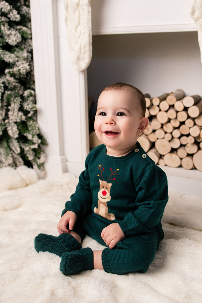 Virgin Merino Wool Reindeer Sweater - Evergreen