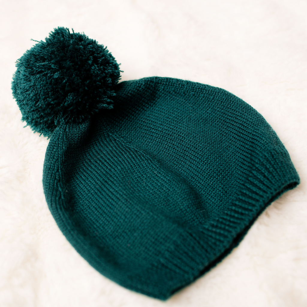 Virgin Merino Wool Pom Pom Hat - Evergreen