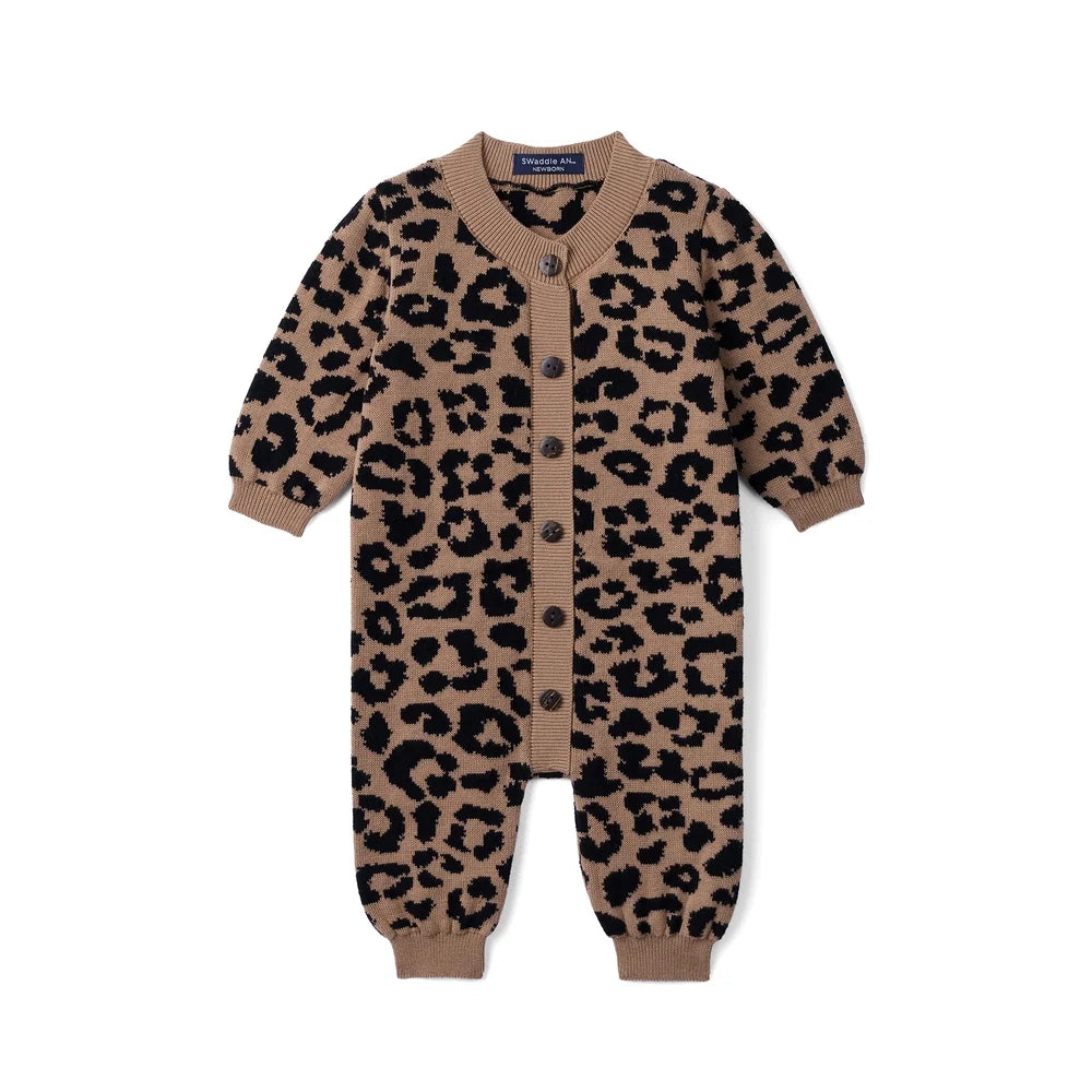 Leopard Baby Knit Button Romper