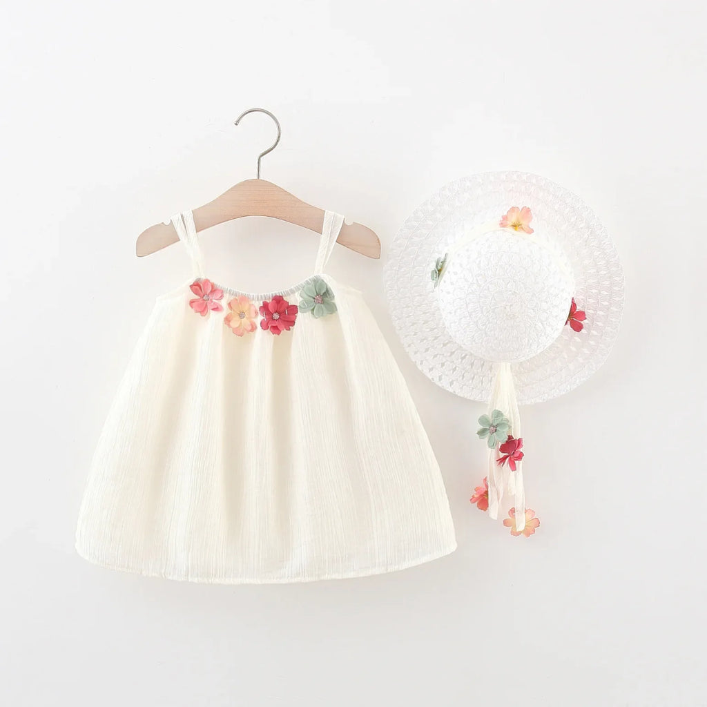 Flower Applique Dress With Straw Hat