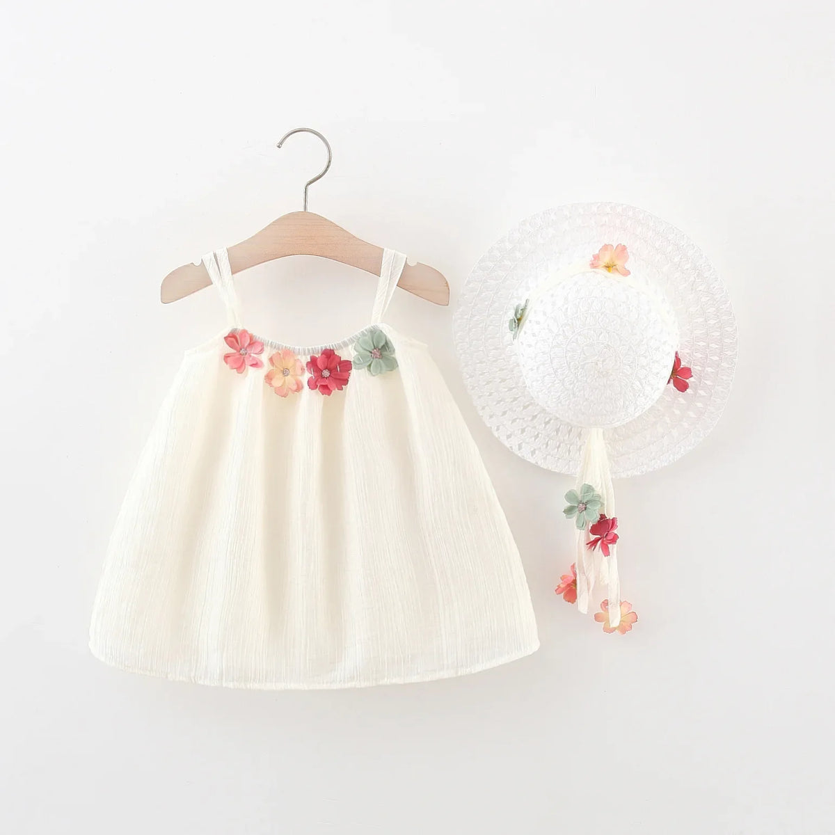 Flower Applique Dress With Straw Hat