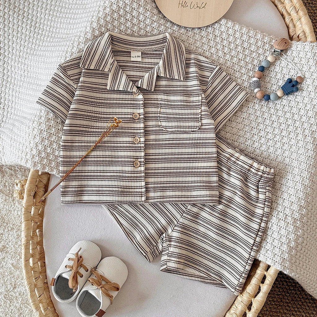 Brown Striped Shirt Shorts Set
