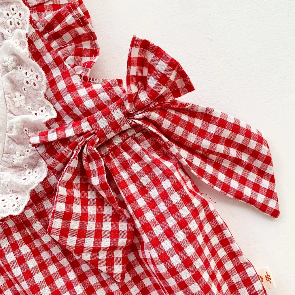 Strawberry Plaid Embroidered Romper