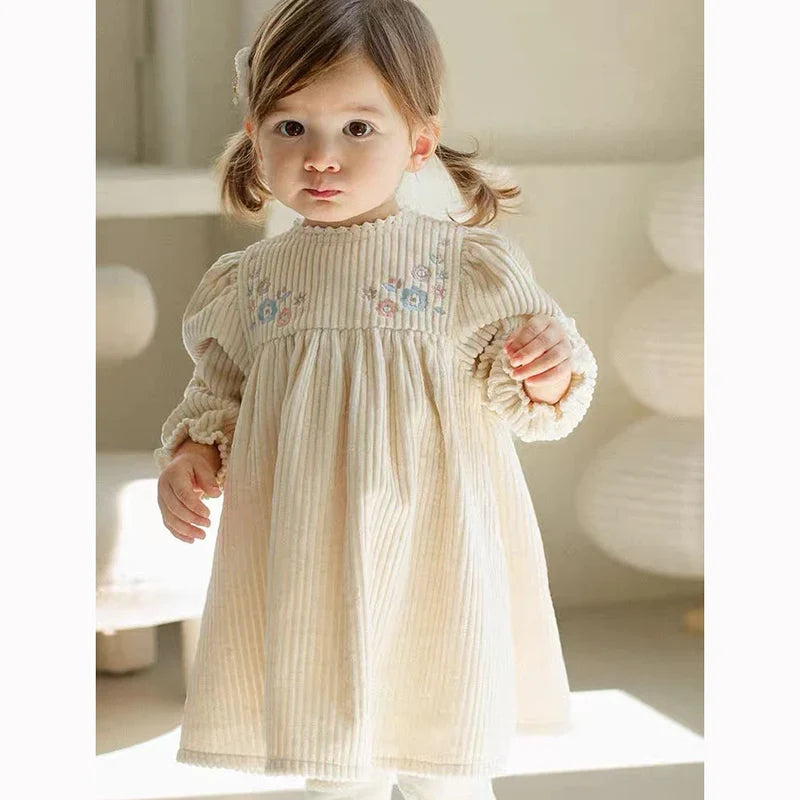 Corduroy Flower Embroidered Dress
