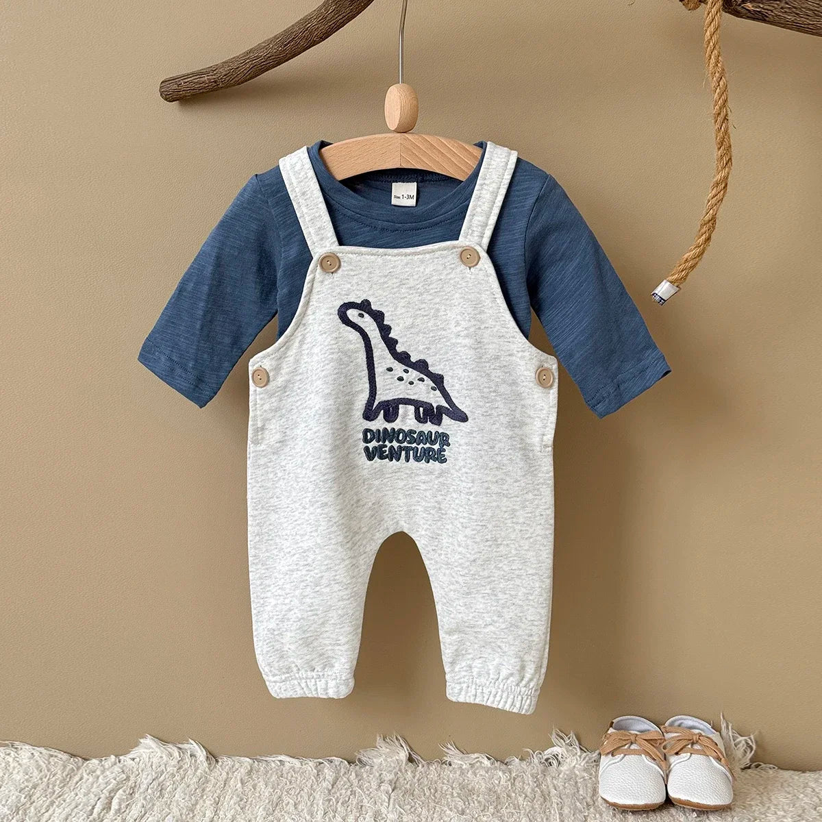 Embroidered Dinosaur Suspender Jumpsuit