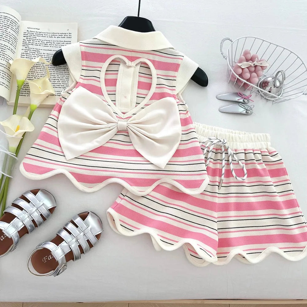 Hollow Heart Stripe Shorts Set