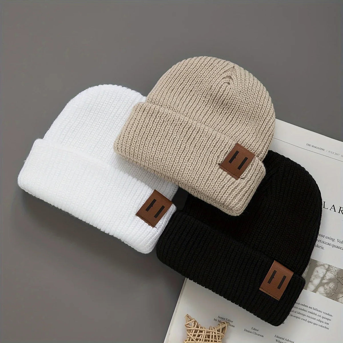 3 Pcs Boys Knit Leather Patch Beanie Hat