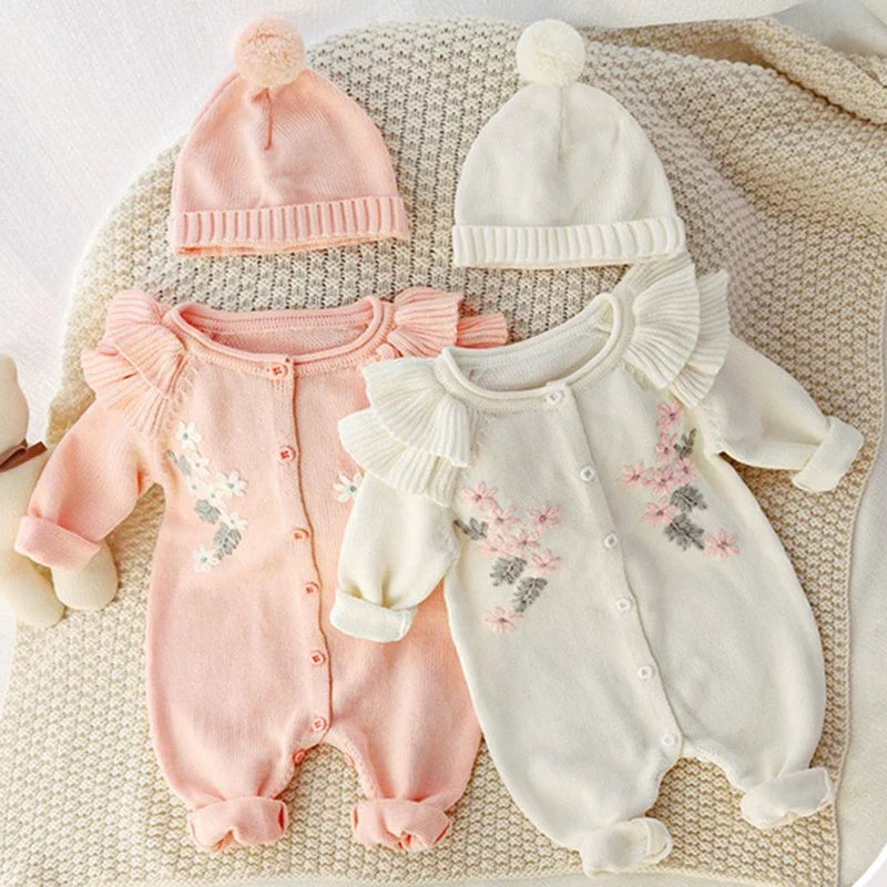 Embroidery Flower Knitted Romper Set