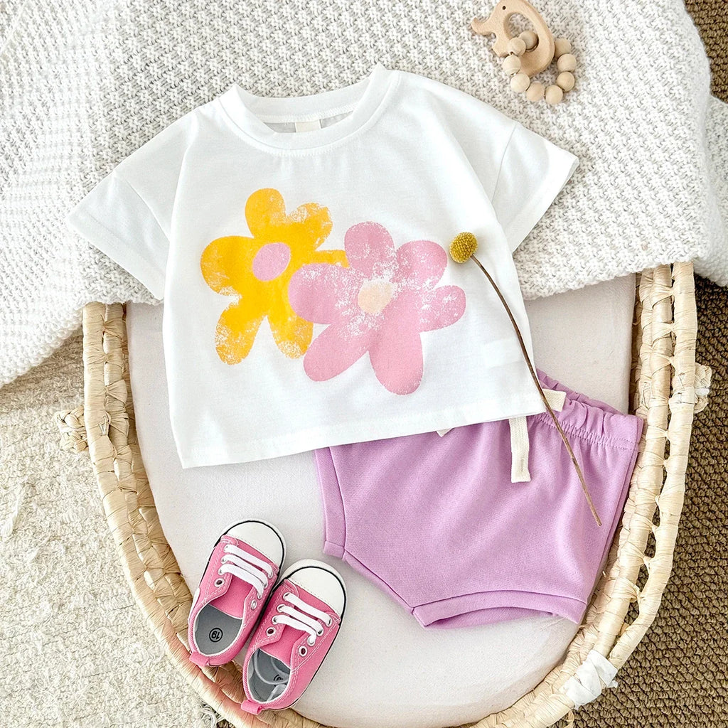 Flower Print T shirts Shorts Set