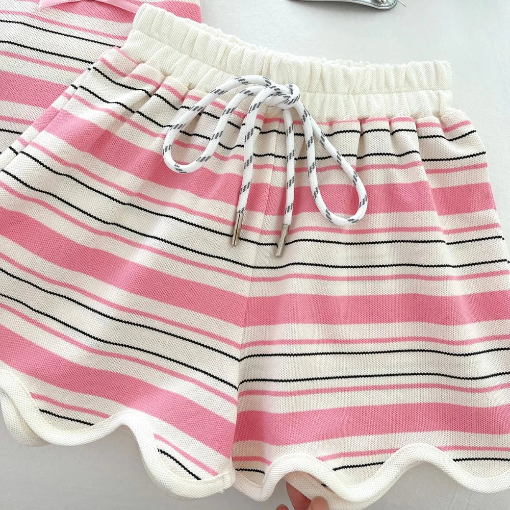 Hollow Heart Stripe Shorts Set