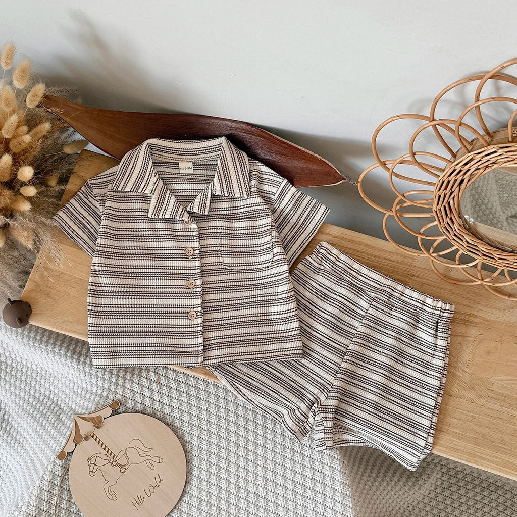 Brown Striped Shirt Shorts Set