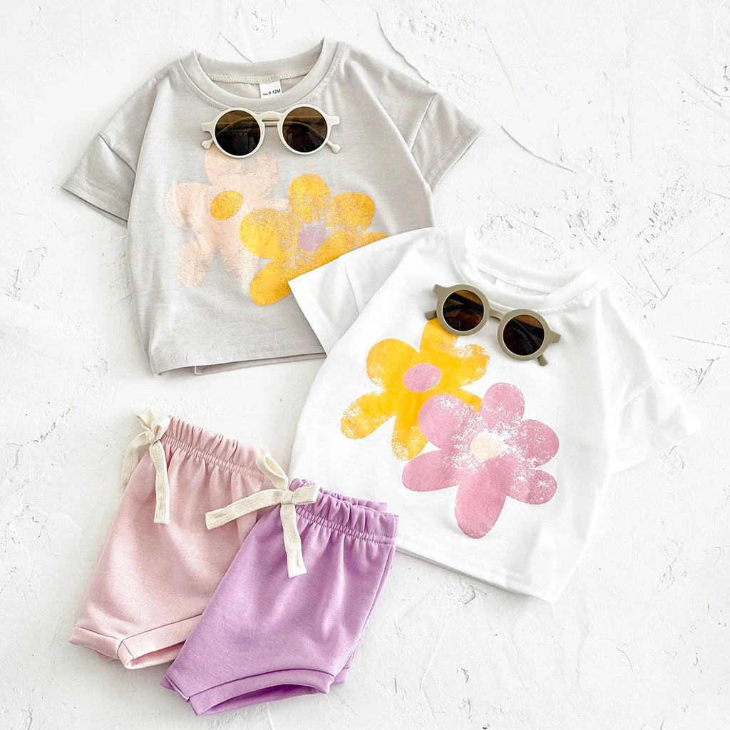 Flower Print T shirts Shorts Set