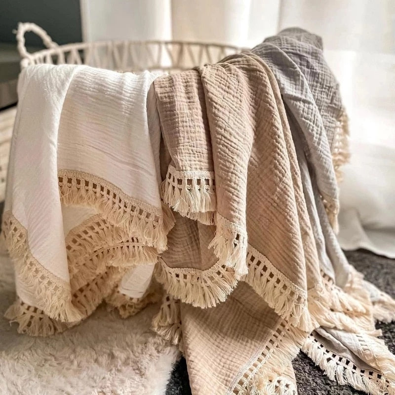 Solid Muslin Tassel Swaddle Blanket