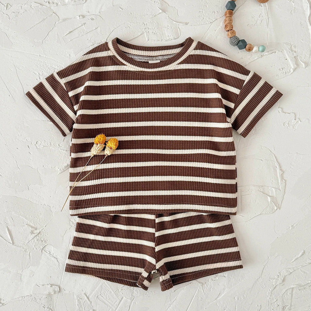 Brown Striped Waffle Shorts Set