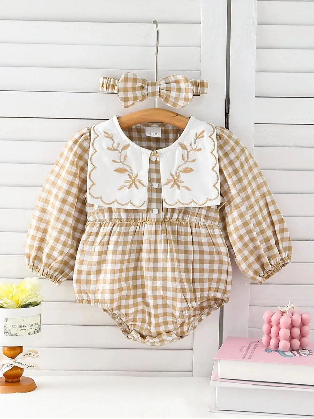Checkered  Embroidered Collar Romper