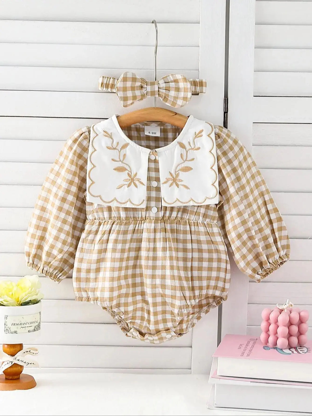 Checkered  Embroidered Collar Romper