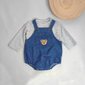 Teddy Bear Denim Jumpsuit with Striped Top Set