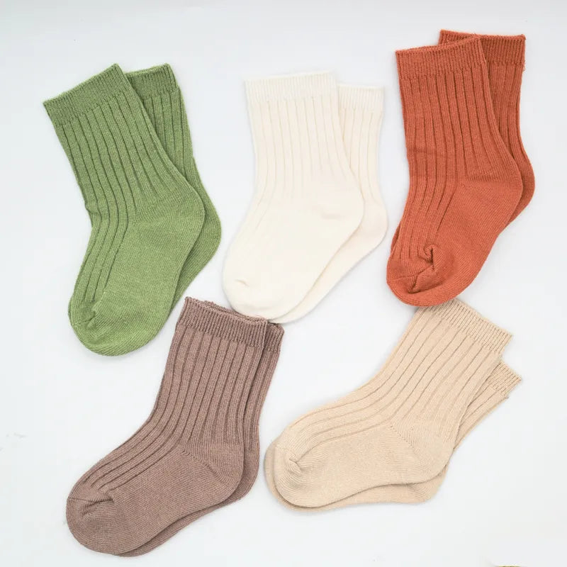5 Pairs Ribbed Solid Cotton Toddler Knitted Socks