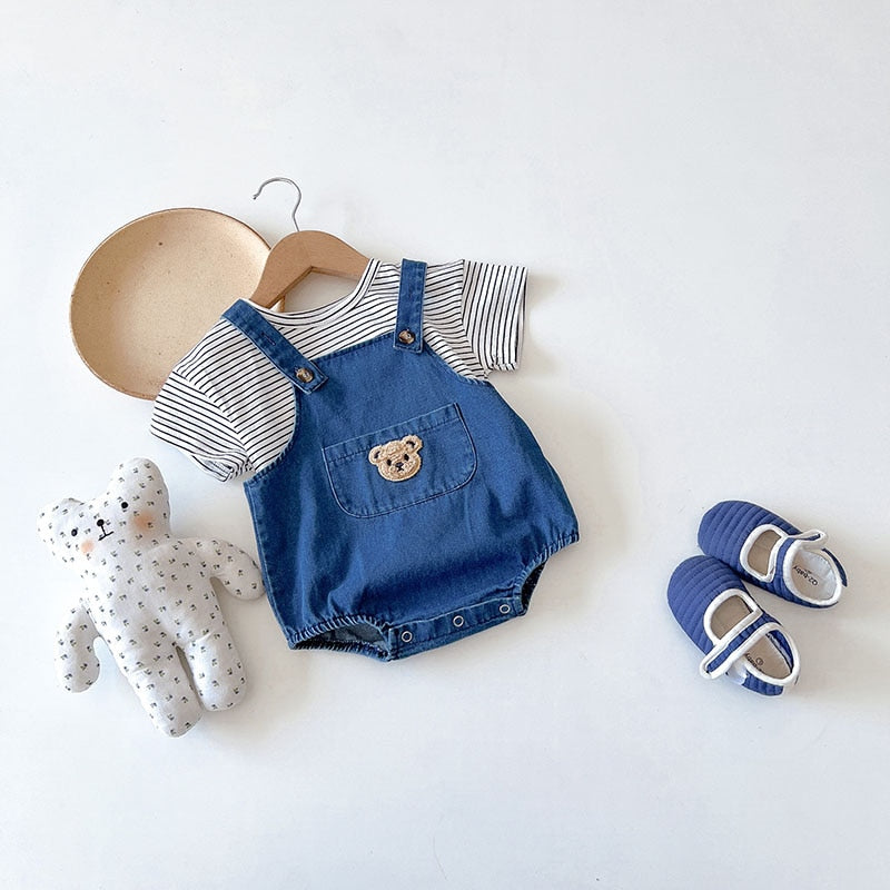 Teddy Bear Denim Jumpsuit with Striped Top Set