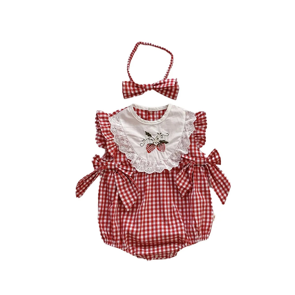 Strawberry Plaid Embroidered Romper