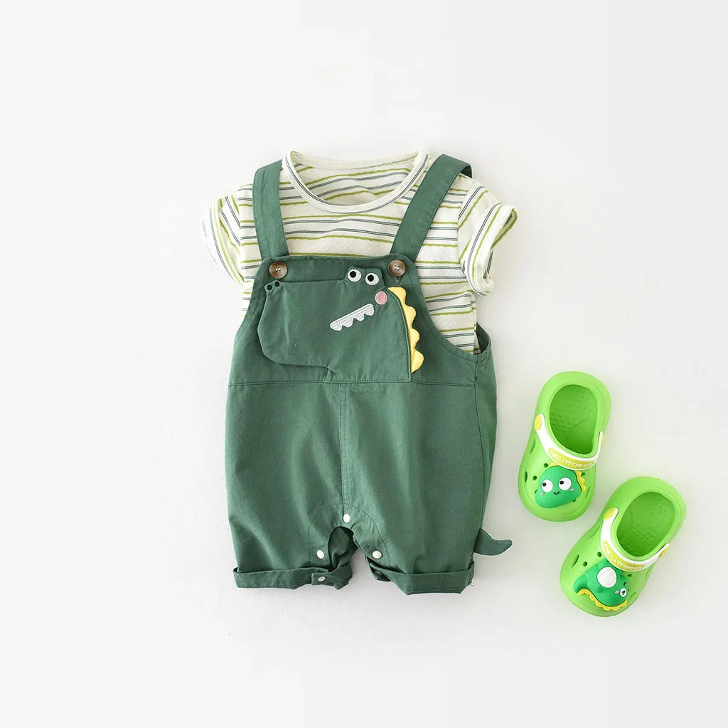 Striped Tee And Dinosaur Jumpsuit
