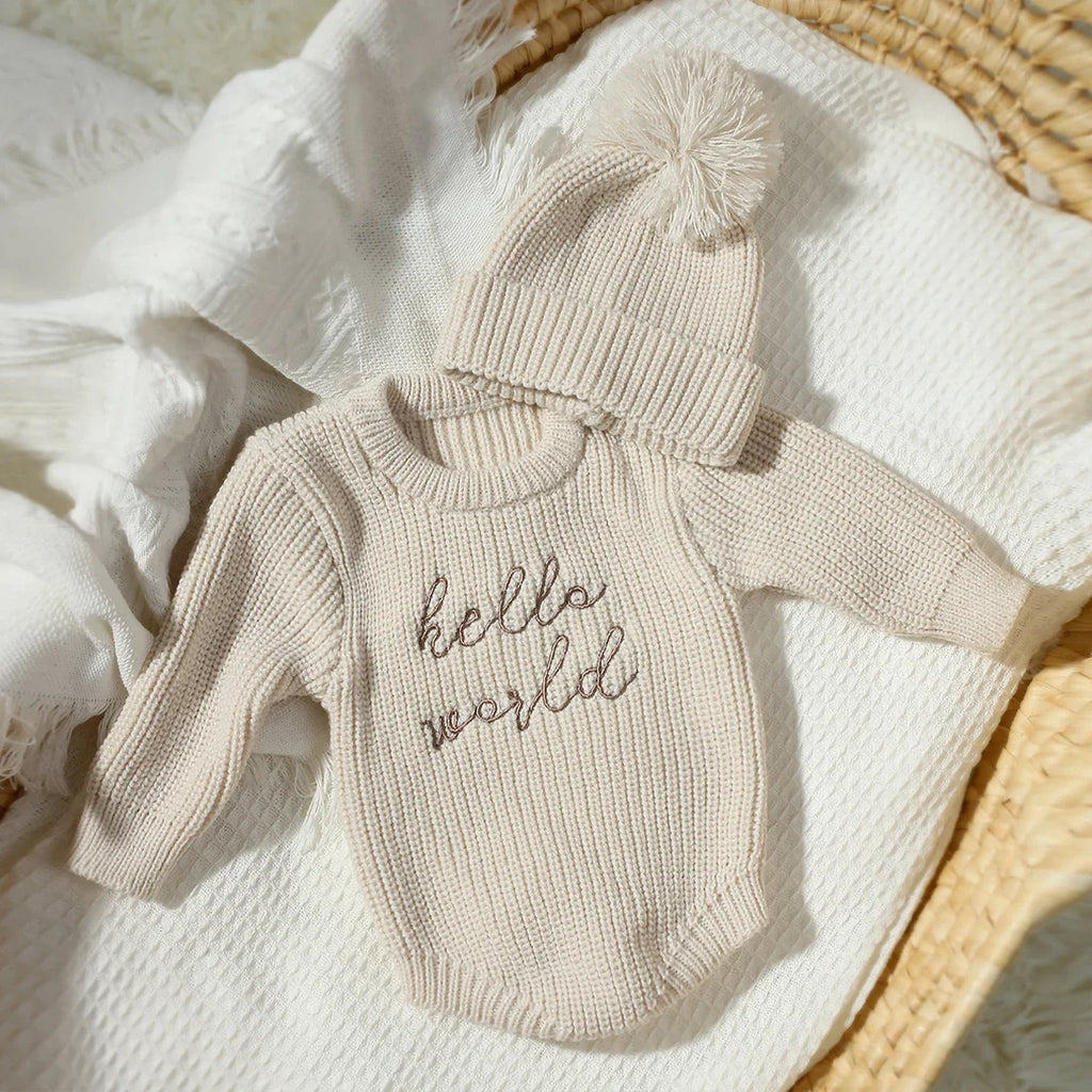 Newborn Hello World Knitted Bodysuit Set