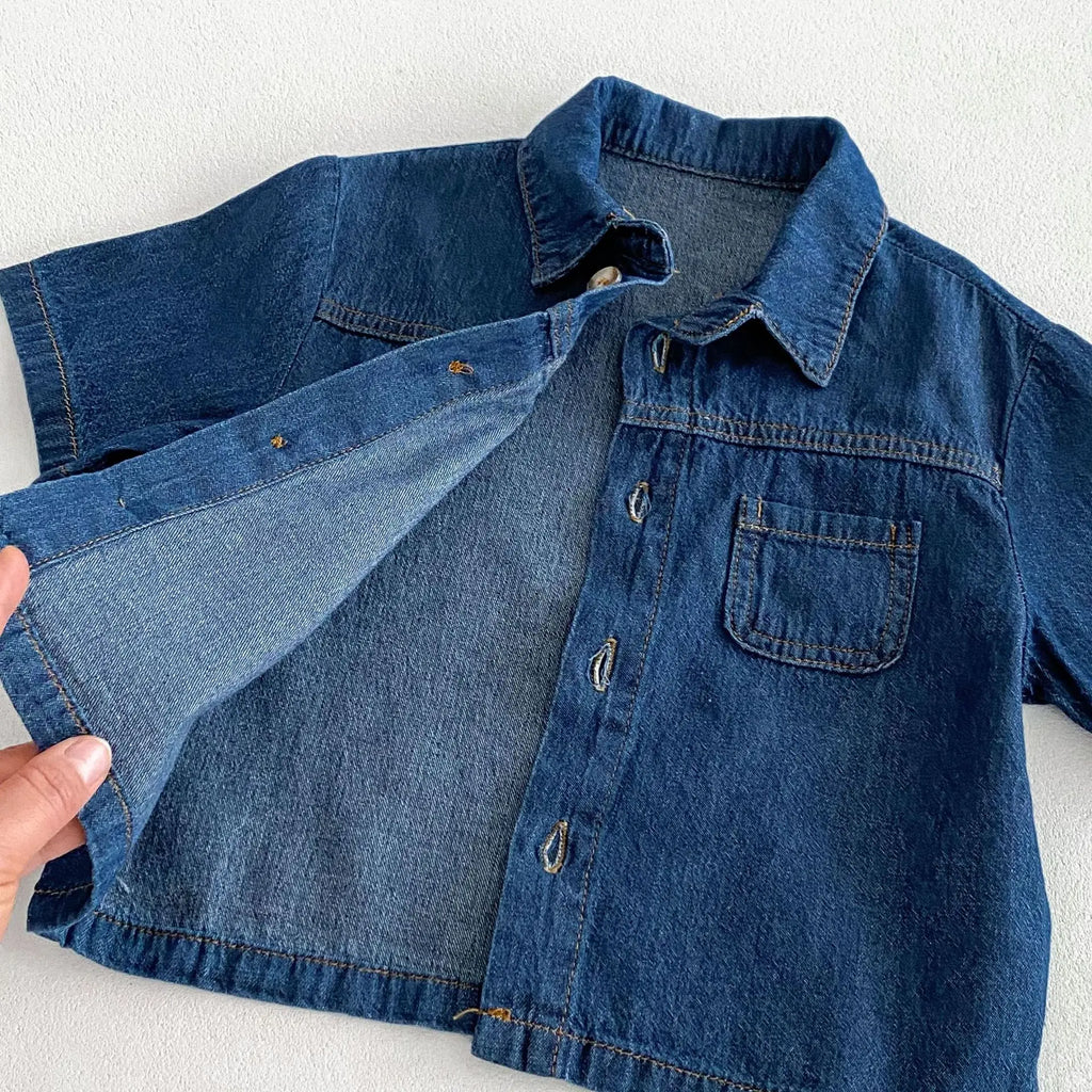 Solid Button Up Denim Shorts Set