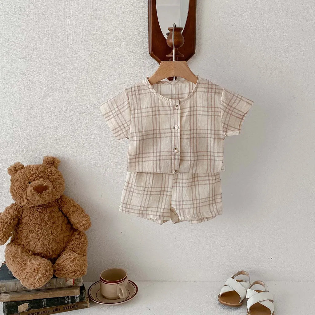 Button Up Plaid Shorts Set