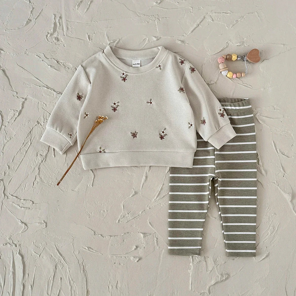 Floral Embroidered Top Striped Pant Set