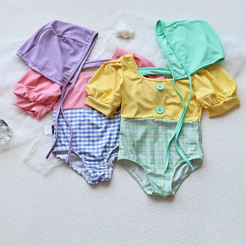 Girls Puff Sleeve 2 Pcs Swimsuit