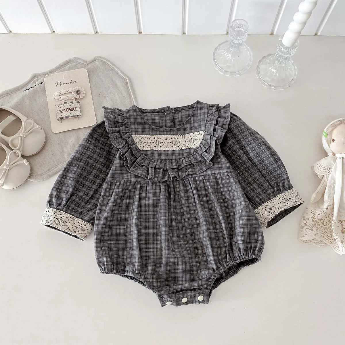 Retro Checkered Lace Detail Romper