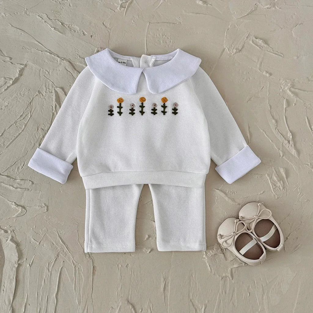 Flower Embroidered Lapel Sweatshirt Pants Set