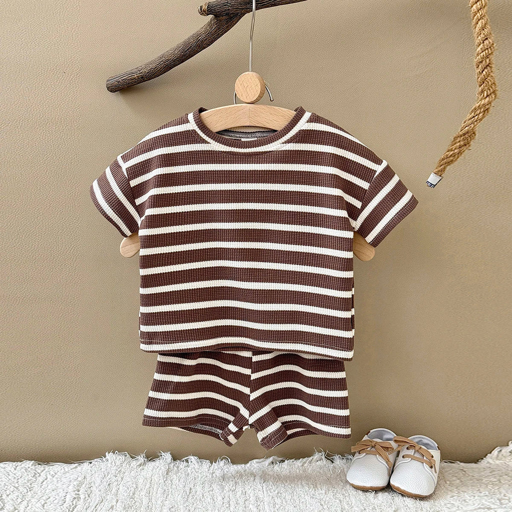 Brown Striped Waffle Shorts Set
