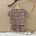 Brown Striped Waffle Shorts Set
