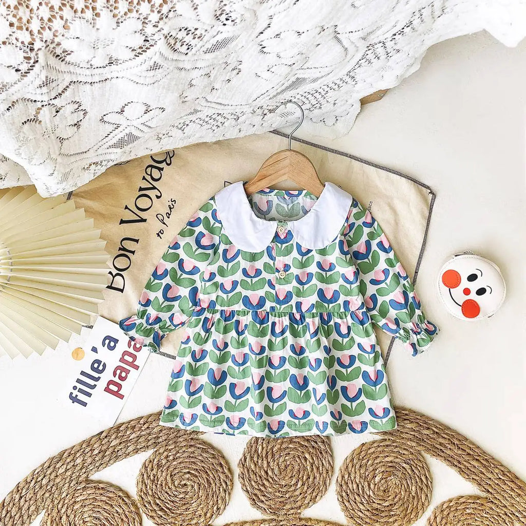 Solid Collar Floral Dress