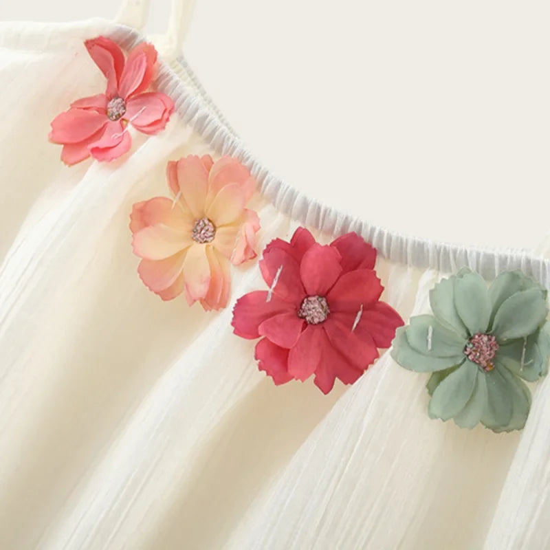 Flower Applique Dress With Straw Hat