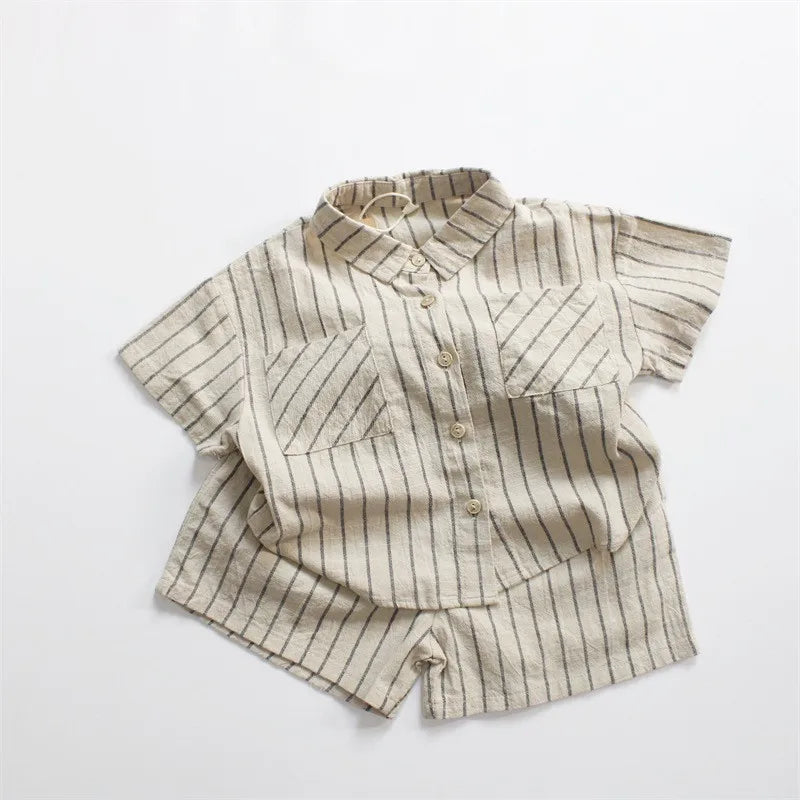 Boys Striped Cotton Linen Shorts Set