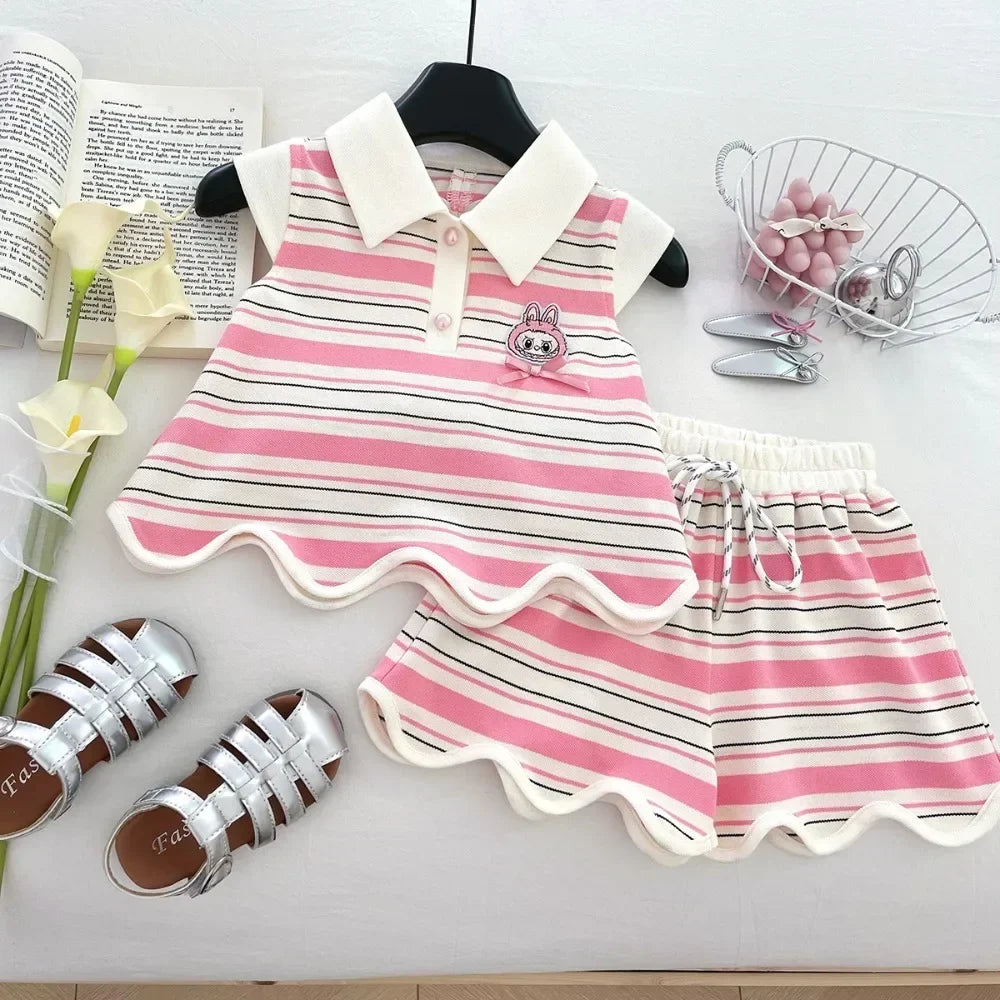 Hollow Heart Stripe Shorts Set