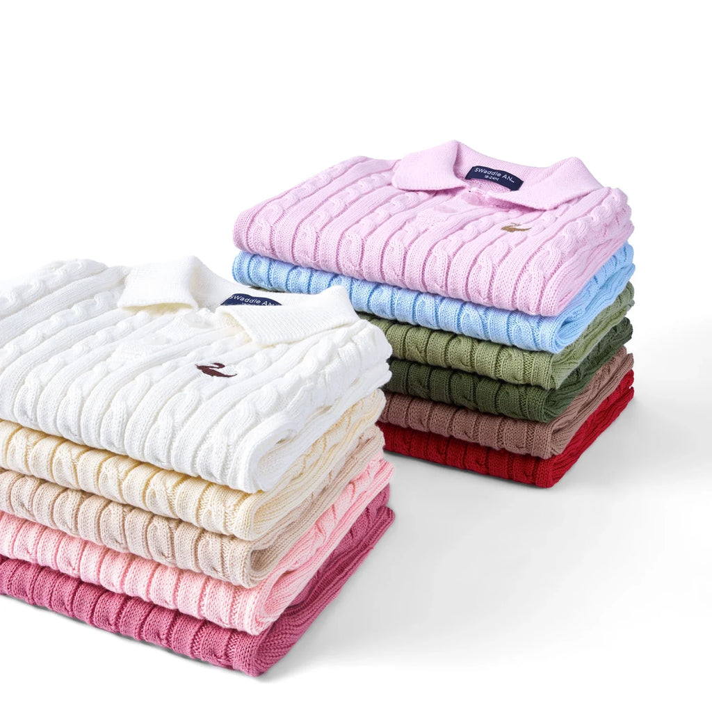 Cable Knit Polo Sweater in Pink