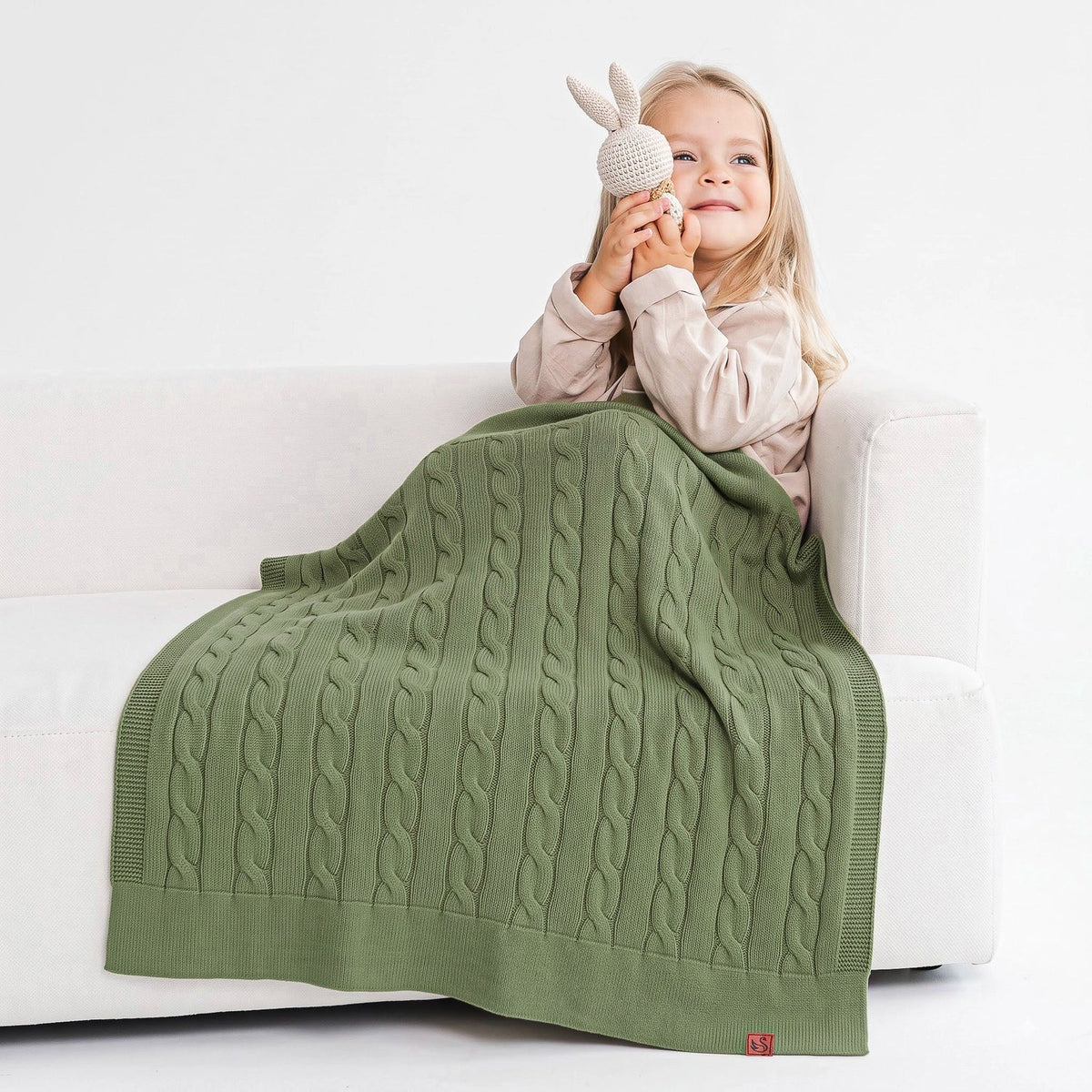 Cable Knit Baby Blanket in Sage Green