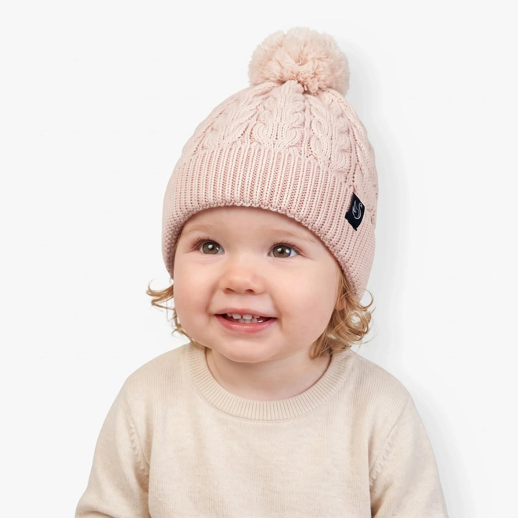 Cable Knit Pom Beanie in Beige
