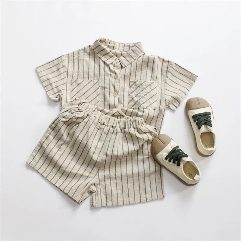 Boys Striped Cotton Linen Shorts Set