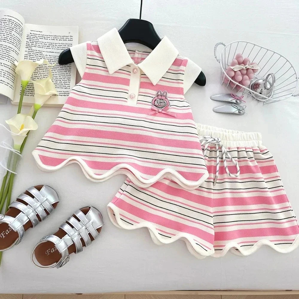 Hollow Heart Stripe Shorts Set