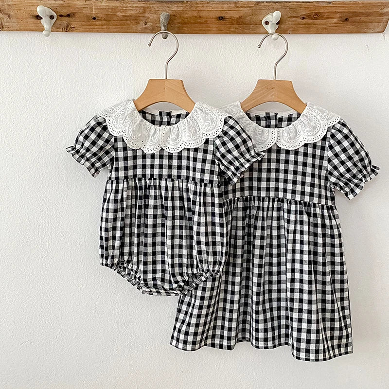 Checkered Eyelet Collar Sister Outfit