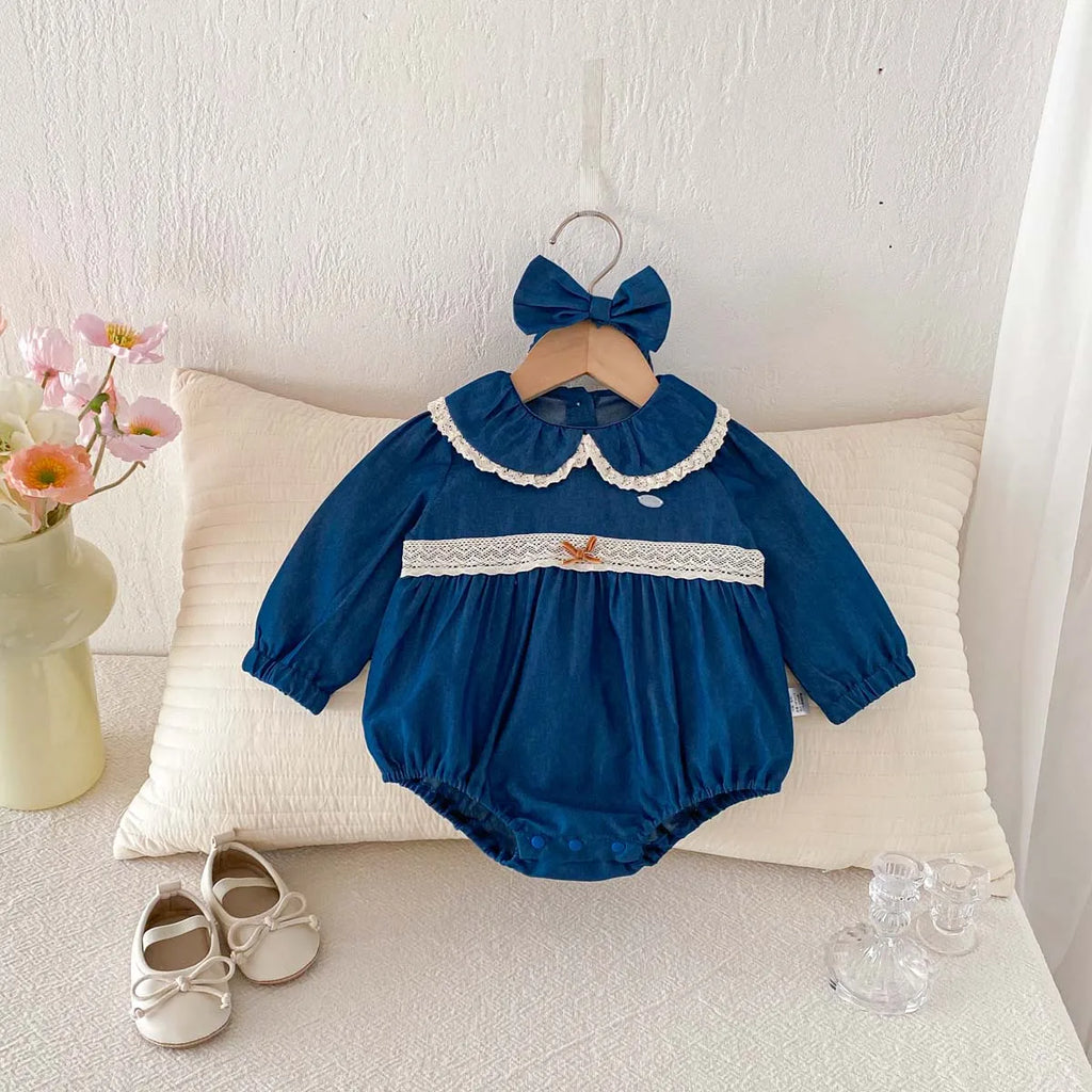 Lace Lapel Denim Romper