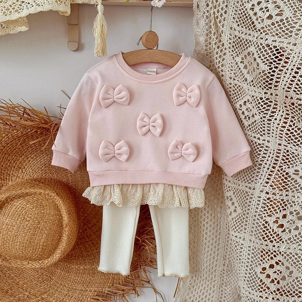 3D Bow Lace Hem Sweater Set