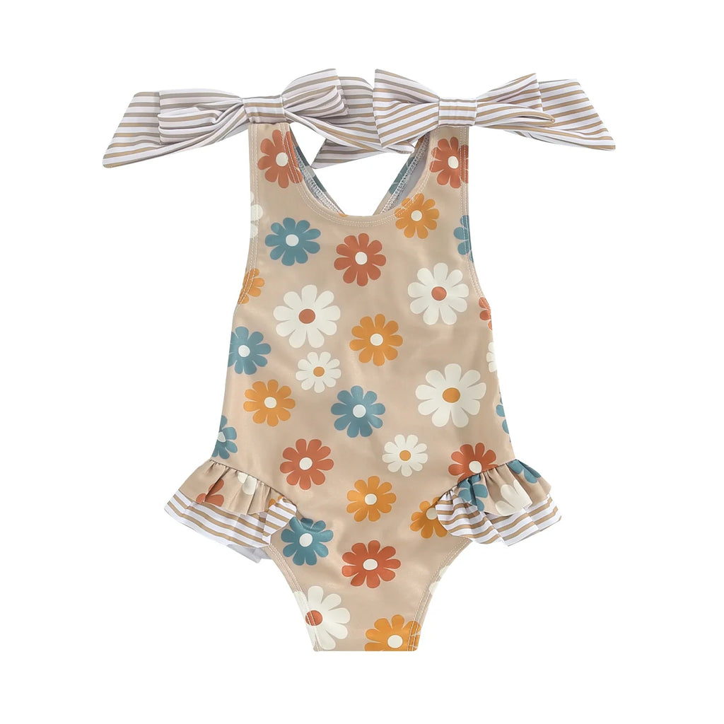 Bowknot Frill Floral Swimsuit