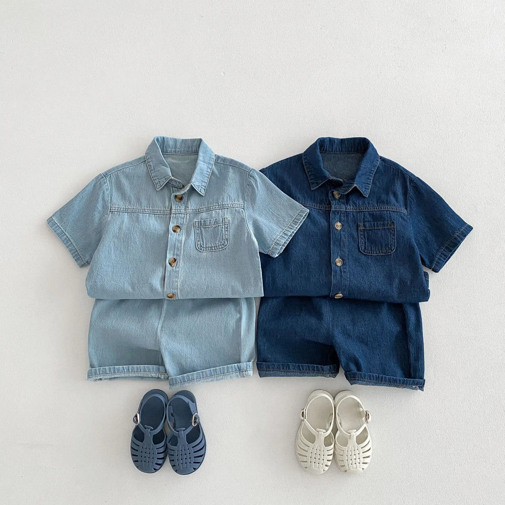 Solid Button Up Denim Shorts Set