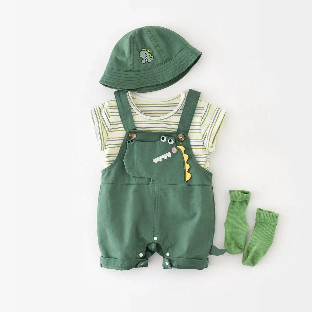 Striped Tee And Dinosaur Jumpsuit