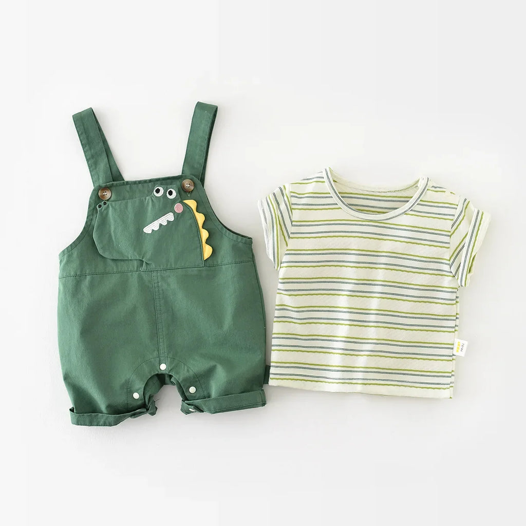 Striped Tee And Dinosaur Jumpsuit